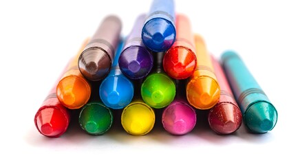 Stack of vibrant wax crayons in assorted colors for school art and craft projects