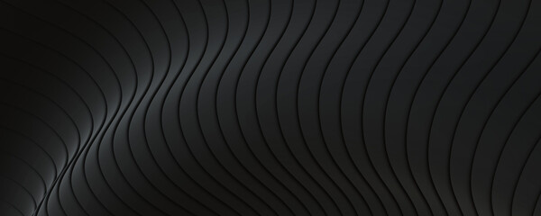 Black striped background with lines pattern, abstract dark waves banner, 3D illustration.