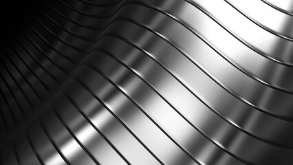 Silver metal striped pattern background, wavy shiny chrome metallic stripes pattern.