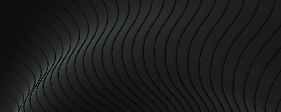 Black striped background with lines pattern, abstract dark waves banner, 3D illustration.