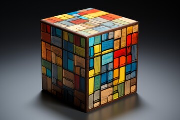 Fototapeta premium Cube displaying mosaic pattern with multiple colored geometric shapes