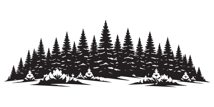 Winter Nature Skyline Silhouette, Silhouette Vector, Isolated on White Background