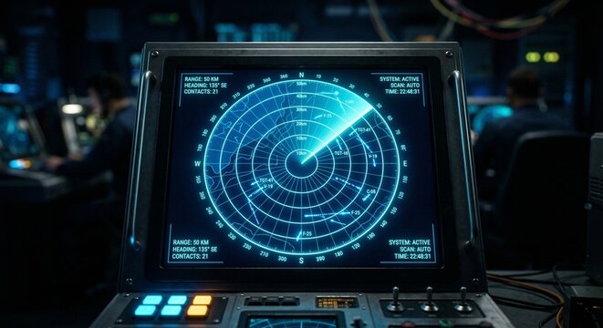 A futuristic radar screen displays a bright blue concentric circle pattern on a dark console in a dimly lit control room.