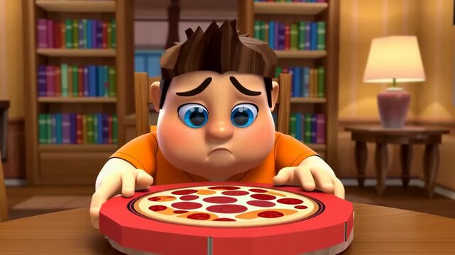 Sad animated boy with pizza in box at table inside home cartoon style digital art illustration