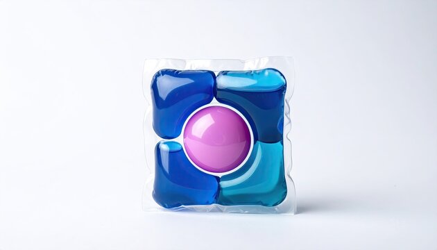 Quadruple detergent pod with a pink center, sealed in transparent plastic