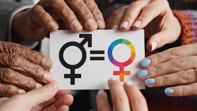 Diverse hands holding gender equality and LGBTQ+ symbol card