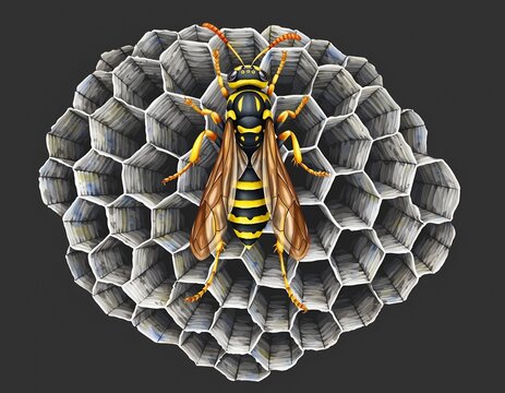 Wasp on honeycomb nest illustration with detailed wings in close-up view