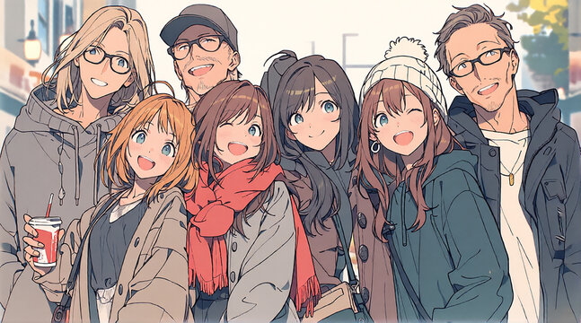 Anime style illustration of happy group of friends smiling together、仲良しの若者グループのアニメ風イラスト 友情と日常のライフスタイル