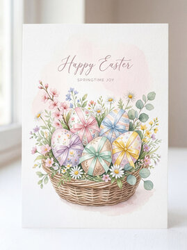Watercolor Easter greeting card with decorated eggs and spring flowers