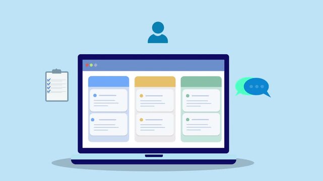 Flat vector animation of laptop task dashboard with user icon, checklist document, and chat bubble representing task management, team communication, and digital workflow organization.