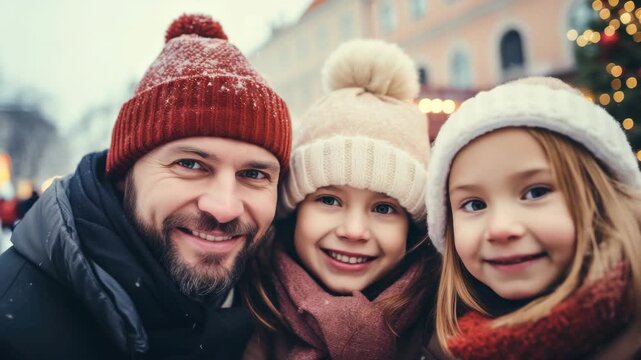 Warm smiles embrace winter's chill. Snow dusts cozy hats and scarves. Family laughs beneath festive lights. Soft bokeh frames joyful holiday moment. Gentle snowflakes fall around them