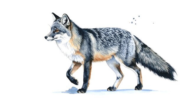 Watercolor painting of a gray fox walking forward with a curious expression on white background