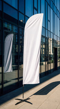 White blank mockup feather flag standing modern business center glass facade outdoor advertising event exhibition banner template design corporate
