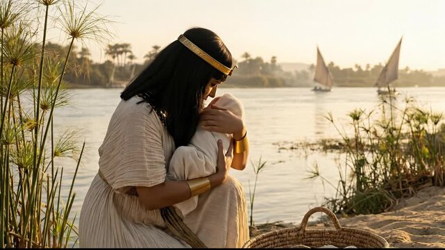 Cinematic scene of an Egyptian woman dressed in ancient royal attire holding a baby wrapped in white cloth by the Nile riverbank with papyrus plants and distant sailboats during sunset