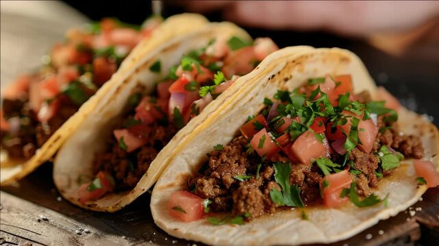 Three tacos sit on a rustic wooden board. Ground meat fills each soft corn tortilla. Fresh chopped tomatoes and cilantro top the fillings. Slight focus blur highlights texture and color