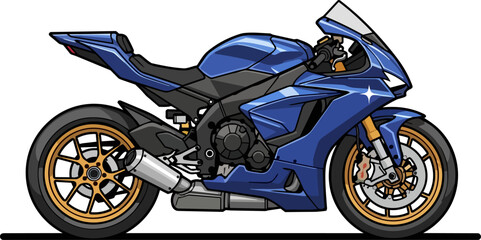 Blue sports motorcycle illustration viewed from the side on a plain surface © faisalaladabi