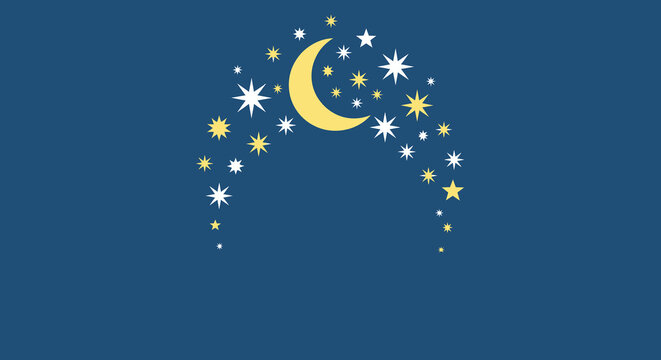 A beautiful crescent moon and twinkling stars arching over a dark blue background, symbolizing the blessings of Ramadhan and the joyous celebrations of Eid
