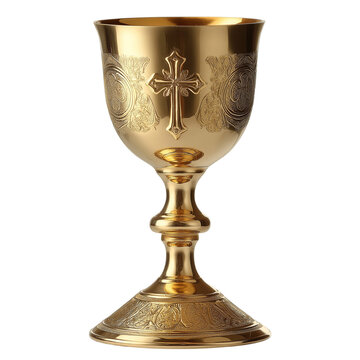 Ancient golden chalice with embossed cross isolated on transparent background, vintage brass goblet for religious ceremonies, ornate royal trophy cup, high-quality 3D render generative AI.