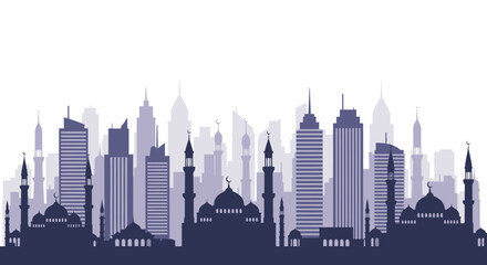 Obraz premium Ramadhan and Ied celebrations in a modern city skyline silhouette, a symbol of community and faith during holy months