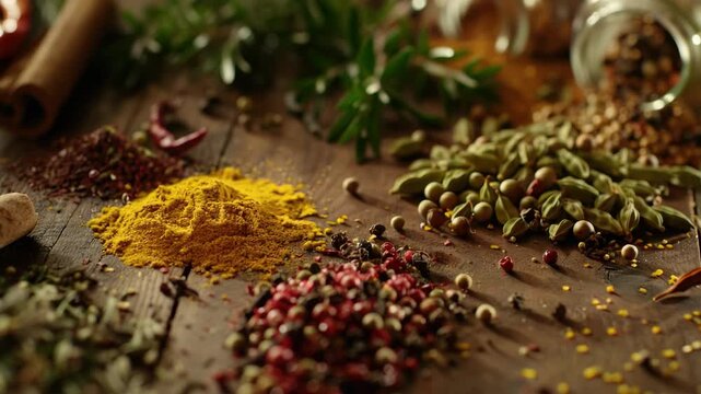 Spices scatter across rustic wooden surface. Warm tones highlight turmeric, peppercorns, and cumin. Herbs and seeds add texture and depth to composition. Natural light emphasizes rich colors