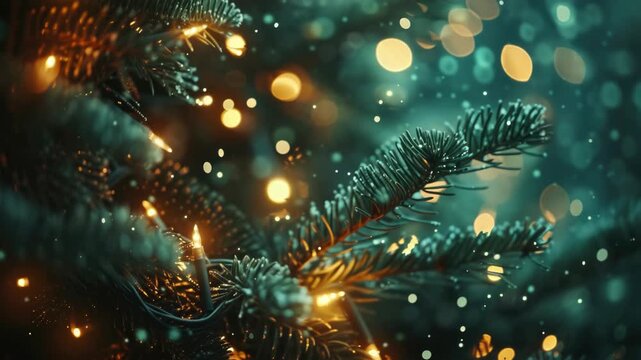 Christmas pine branches glow warmly against soft bokeh lights. Frosted twigs catch golden candlelight gently. Snowflakes drift through tranquil holiday scene. Warm orbs float in dreamy
