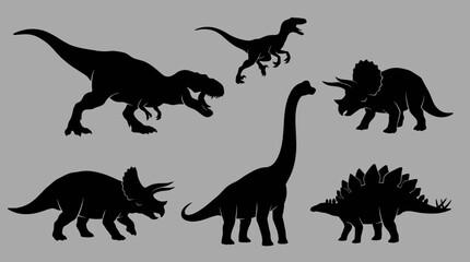 Silhouettes of various dinosaurs on a gray background. © Abhinaya Project