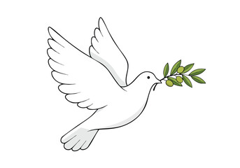 Obraz premium A white dove with an olive branch in its beak, symbolizing peace and hope, captured in a simple, elegant illustration
