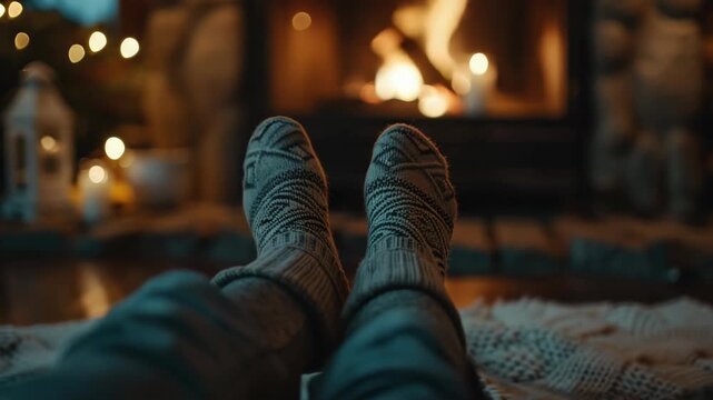 Cozy socks rest near warm fireplace glow. Fires crackle softly behind blurred candles. Blanket wraps feet in gentle, inviting warmth. Candlelight dances in background bokeh
