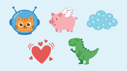Obraz premium Colorful cartoon animals and heart on light blue background.