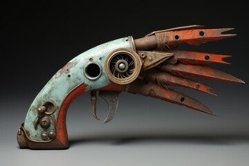 Futuristic steampunk handgun firing blades instead of bullets, featuring intricate mechanisms and a weathered design