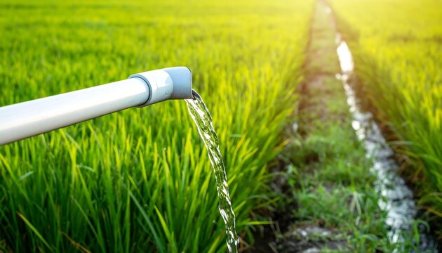 Water flows from a pipe over a lush green rice paddy field with a narrow irrigation ditch in bright sunlight