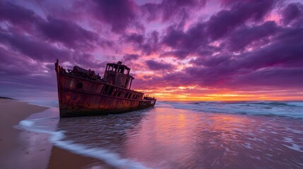 Fototapeta premium Hauntingly beautiful rusted decaying silhouette of an old shipwreck stranded on a smooth sandy beach, gentle ocean waves washing the hull.