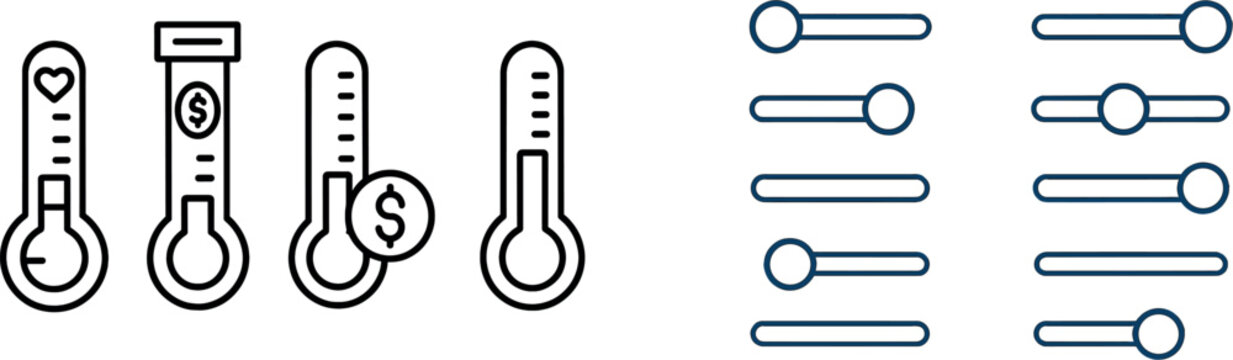 Four distinct thermometer icons depict various concepts: health, monetary value, fundraising efforts, and general metrics. These simple designs are suitable for use in graphs or educational materials.