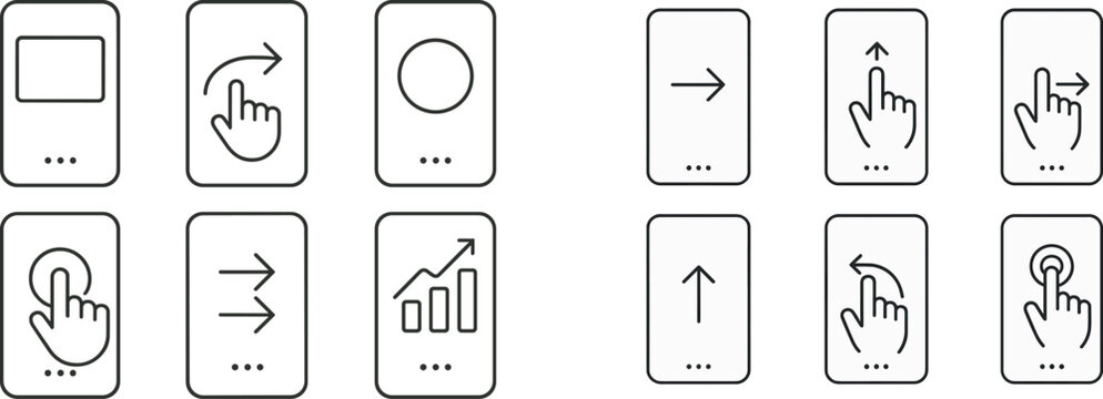Collection of minimalistic icons depicting common touch gestures on digital devices, including tapping, swiping, and scrolling, presented in a clean, modern format.