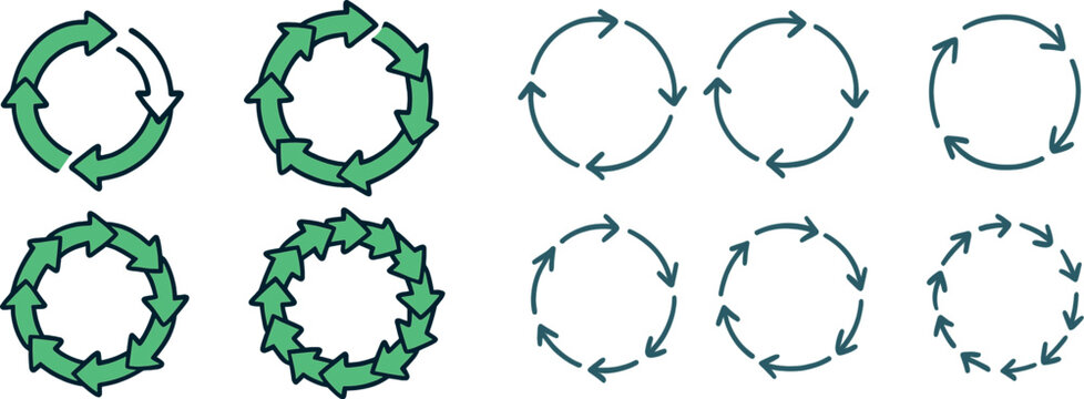 Four unique circular designs featuring green arrows symbolize recycling and sustainability. Each design varies in complexity, illustrating environmental awareness creatively.