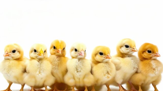 Cute chicks stand in a row. They gaze forward with curious eyes. Soft yellow feathers cover their tiny bodies. All chicks face the camera together. Their feet touch the ground gently