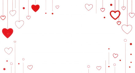 Elegant valentines day background with hanging hearts and red accents creating a romantic and minimalist design perfect for greeting cards