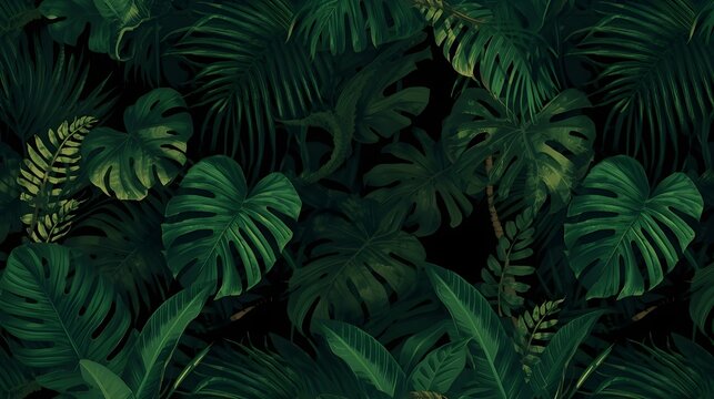 tropical green leaves on black background