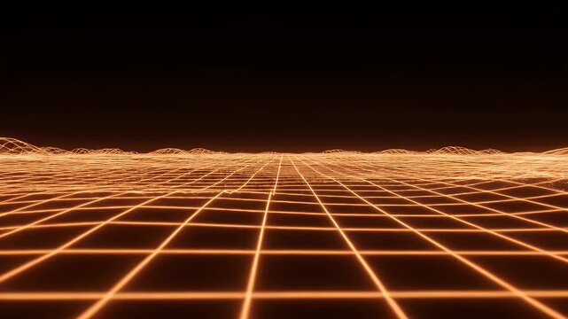 Glowing orange grid landscape with undulating lines against a dark backdrop