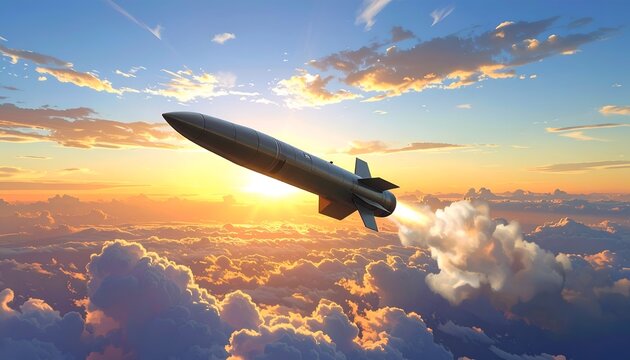 A projectile launches into the sky above the clouds at sunrise