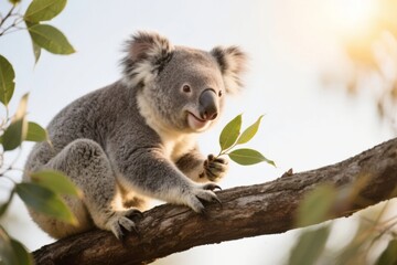 Koala sitting on a tree branch holding eucalyptus leaves