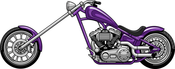 A purple chopper motorcycle illustration viewed from the side showcasing its sleek design and engine details © faisalaladabi