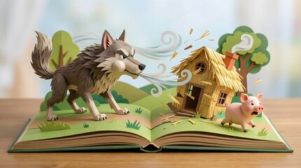 Pop up book showing big bad wolf blowing down straw house with little pig running away, paper cut fairytale style © Kratist