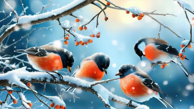 Snowflakes drift through winter air. Birds perch on snowy branches. Bright red berries glow against white. Soft light filters through frosty sky. Feathers contrast with icy bark