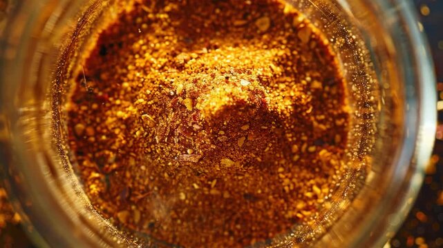 Golden spice mix fills clear glass jar. Shimmering particles glisten under warm light. Texture invites culinary creativity. Close-up reveals rich, earthy tones. Organic blend promises bold flavor