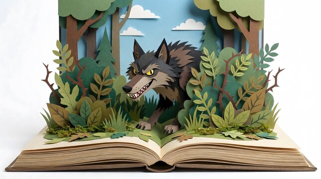 Pop up book of a big bad wolf hiding in the forest bushes, paper cut style fairytale illustration