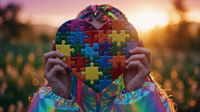 Person holding colorful heart puzzle outdoors at golden hour