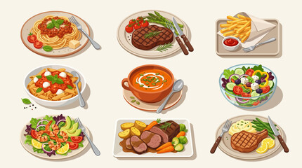 Delicious Food Dishes Collection Vector Set with Pasta Steak Salad Soup and Fries
