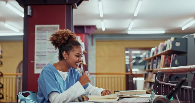 Woman, celebrate and medical student with laptop for education, good news or positive test results in library. Happiness, wow and excited black person for scholarship, celebration or internship