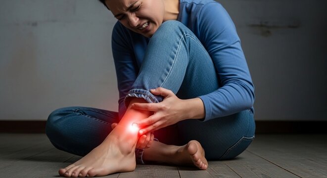 Achilles tendon injury, joint inflammation, foot pain, man suffering from feet ache, podiatry concept, Achilles pain, foot health,person sitting on the floor in blue clothing holding a painful ankle h